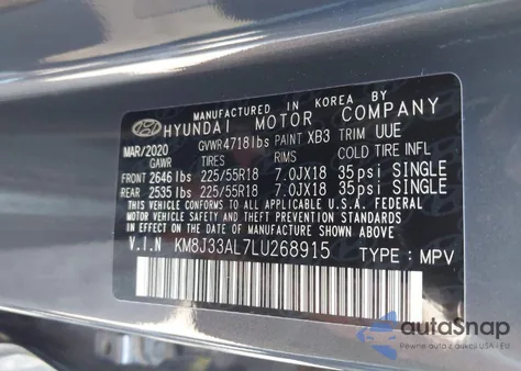 2020 Hyundai Tucson Limited z USA, uszkodzony, nr VIN KM8J33AL7LU268915